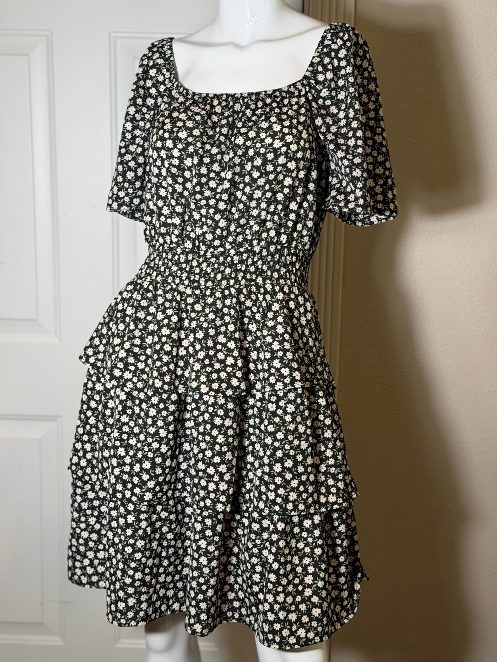 PrettyGarden~Modest~Floral Print~Square Neck~Tiered Ruffle Skirt~Dress~Size L